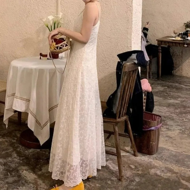 White Lace Long Dresses Aline Spring Summer Korean Dress V Neck Sweet Vestidos Mujer
