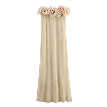 Summer Tube Long Dress 3d Flowers Decorate Strapless Dresses Female Sleeveless Slim Maxi Dress