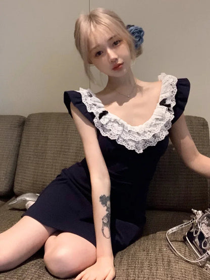 Lace Patchwork Mini Dresses for Flying Sleeve Aline Summer Dresswith Bow Korean Slim Uniform Clothes
