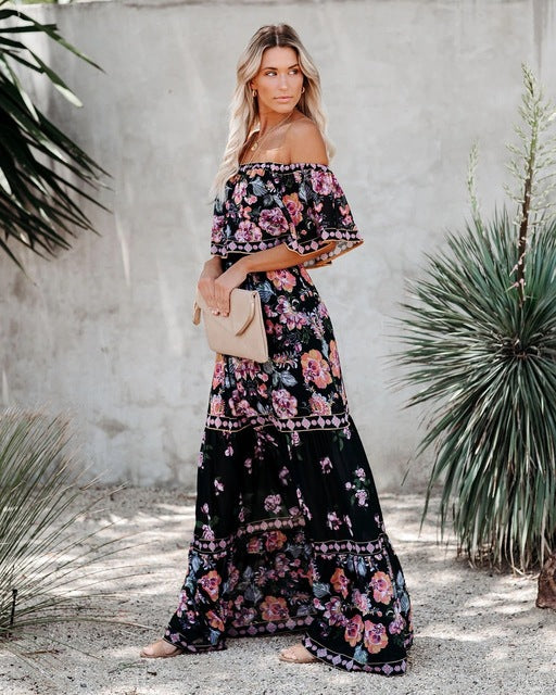 Flower Print Off Shoulder Long Dresses for Spring Summer New Temperament High Waist Leace-up Dress Female Vestidos