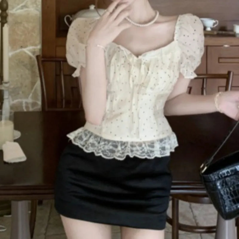 Puff Sleeve Blouses Polka Dot Spring Summer Sweet Korean Shirts Square Neck Retro Blusas Mujer