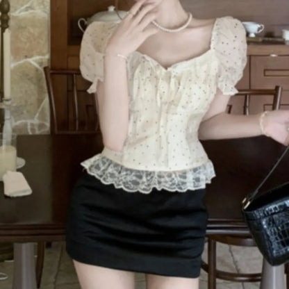 Puff Sleeve Blouses Polka Dot Spring Summer Sweet Korean Shirts Square Neck Retro Blusas Mujer