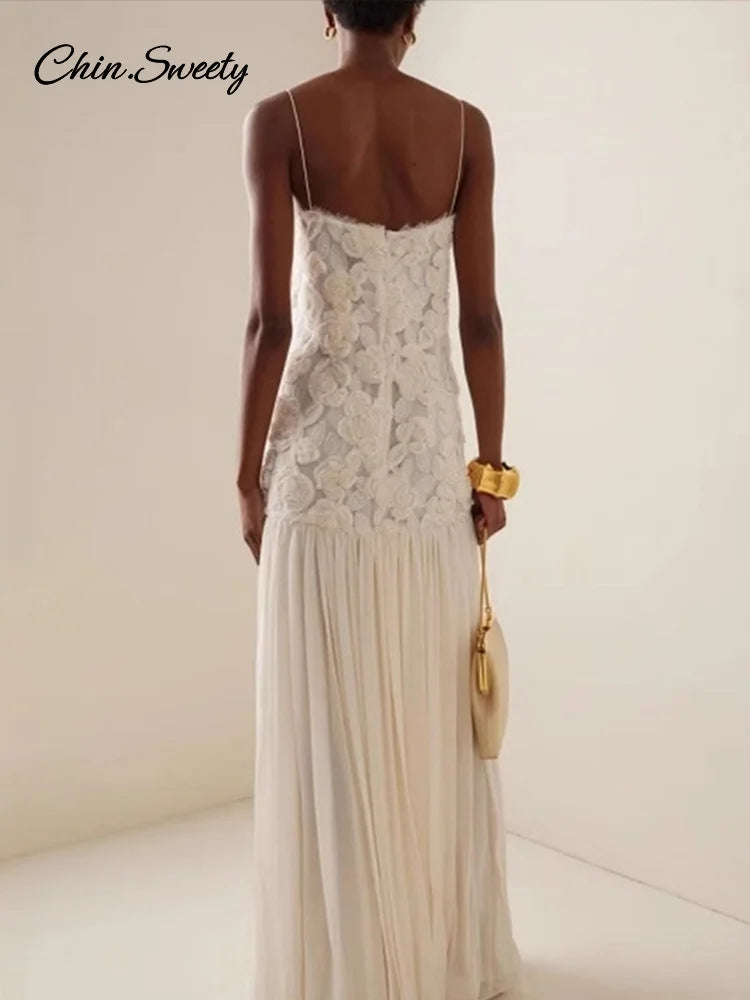 3d White Long Dress Patchwork Backless Pleated Party Evening Dresses Female Summer Lady A-line Robes
