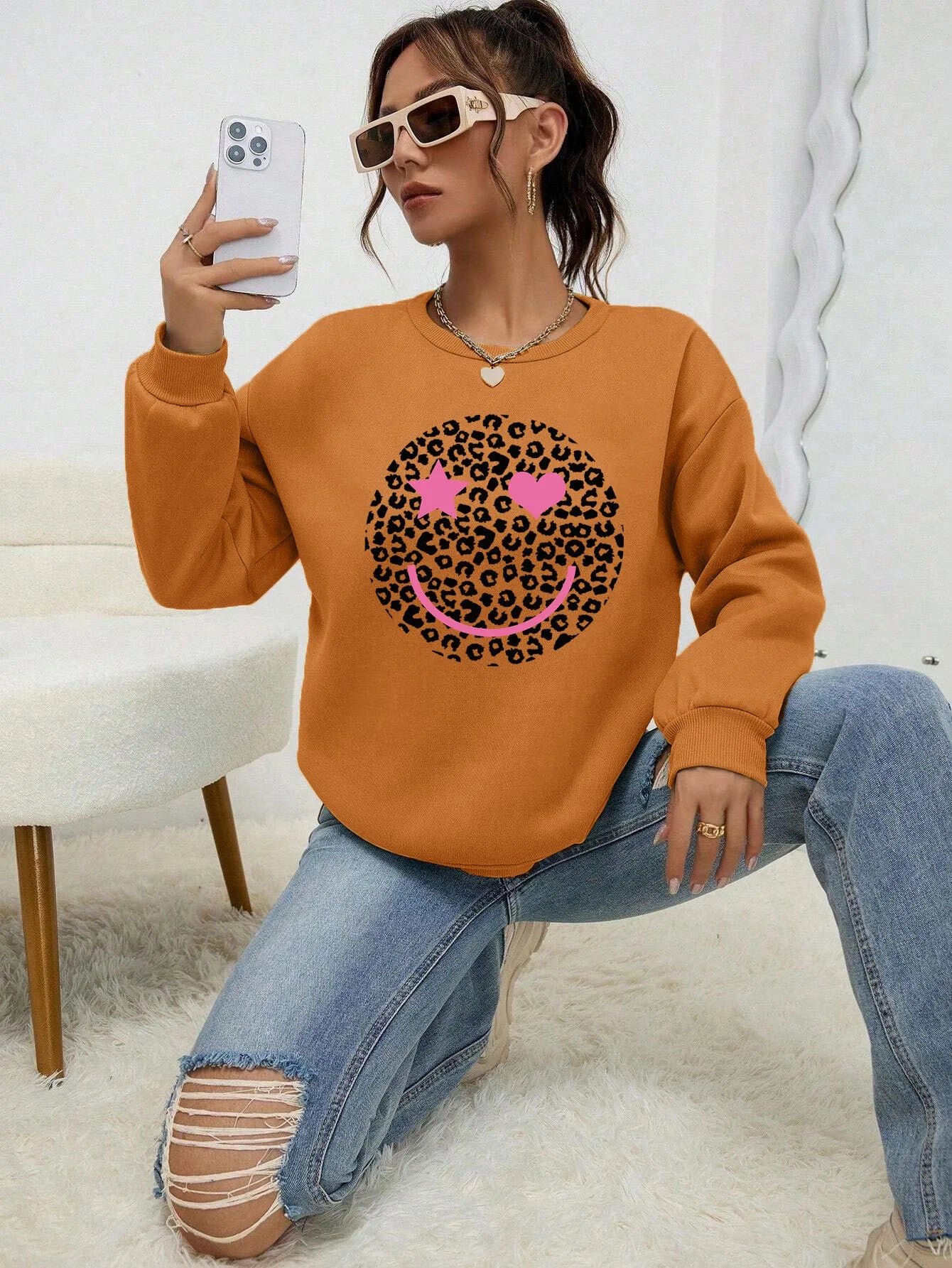 Leopard Print Smile Face Love Printed Sweatshirt Autumn Soft Hoody Fleece Warm Hoodies Street All-match Female Pullover