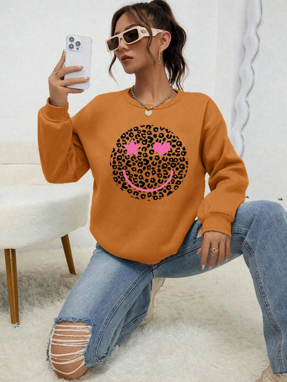 Leopard Print Smile Face Love Printed Sweatshirt Autumn Soft Hoody Fleece Warm Hoodies Street All-match Female Pullover