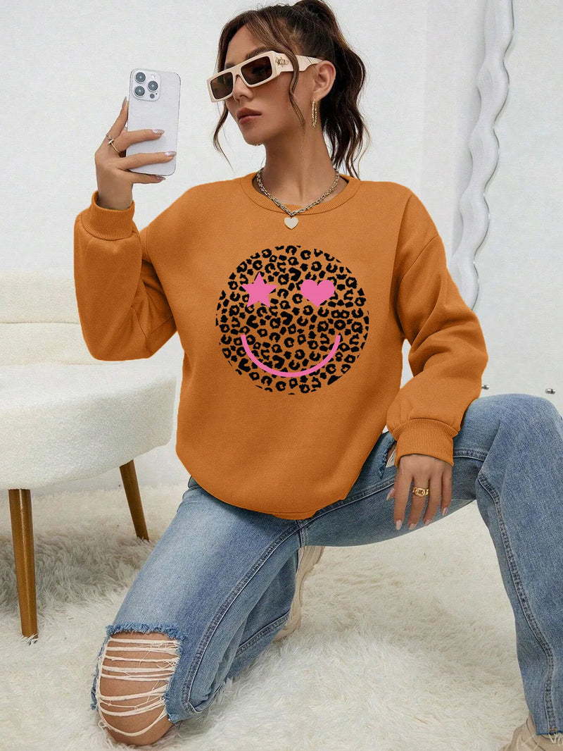 Leopard Print Smile Face Love Printed Sweatshirt Autumn Soft Hoody Fleece Warm Hoodies Street All-match Female Pullover