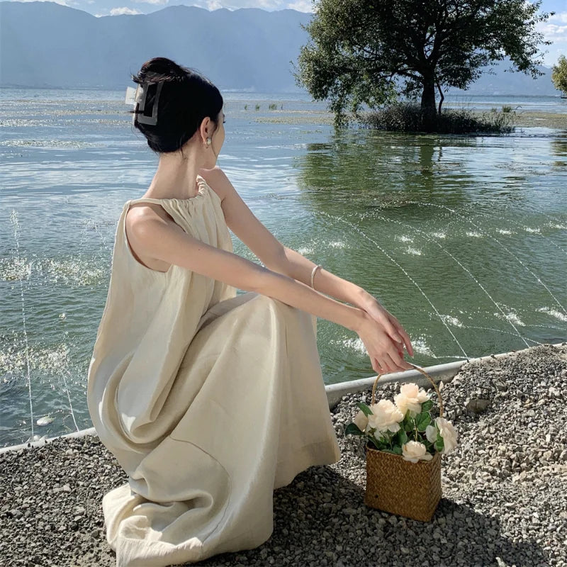 Apricot Hanging Neck Round Neck Sleeveless Pleated Long Dress Summer Temperament Loose Halter Dress