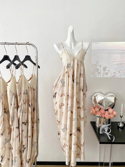Print Midi Dress Backless Aline Strap Dress Evening Party Clothing Korean Summer