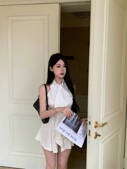 White Ruffle Edge Polo Neck Sleeveless Shirt Top Summer French Style Mid Length Waist Slim Blouses Clothing