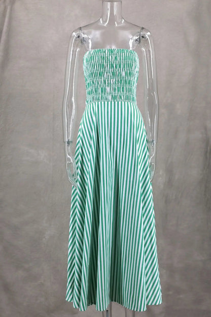 New Green Stripes Maxi Dress Tube Long Beach Dress Off Shoulder Backless Summer Bust Elastic Dresses