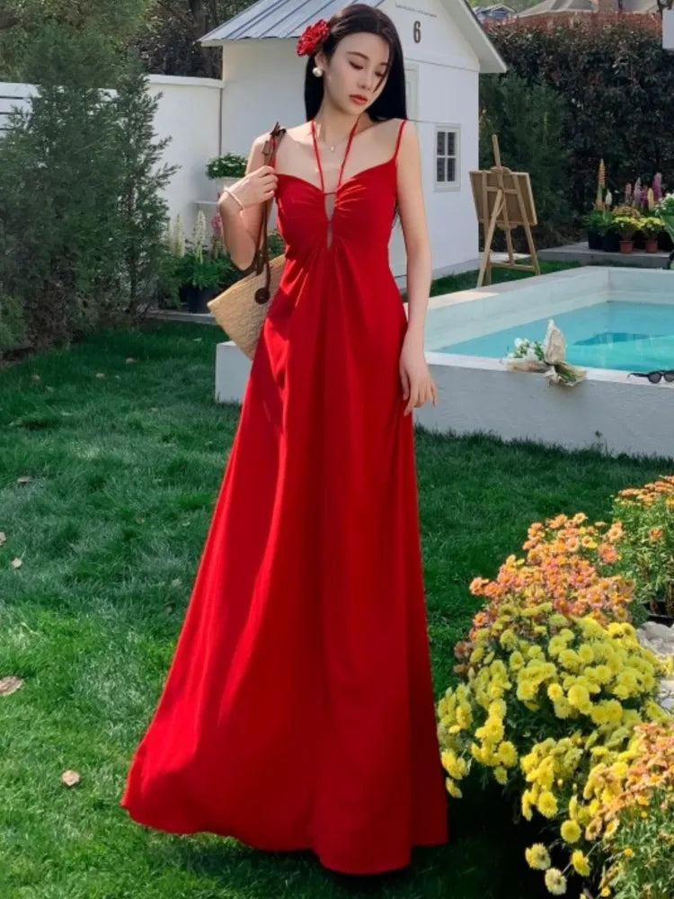 Backless Long Dresses Spaghetti Strap Halter Laceup Wedding Evening Party Dress French Style Aline Vestidos