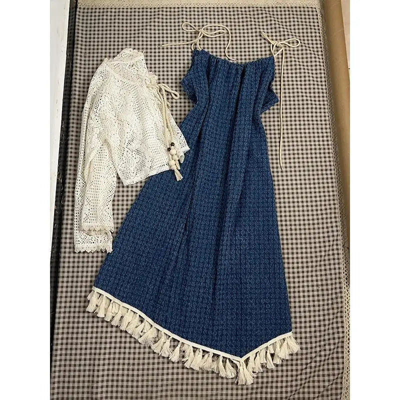Suit Autumn New Tassel Strap Camisole Dress Hollow Out Sunscreen Knitted Cardigan Two Piece Set Outfits