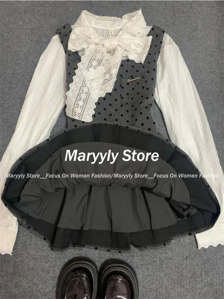 Korean Preppy Style Dress Set Bow Lace Shirt Tops + Polka Dot Mini Dress Commuter 2 Piece Set New