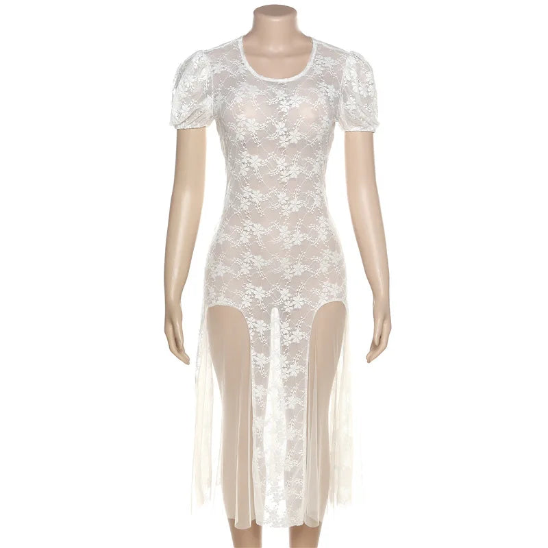 Y2k Fairycore See Through Lace Mesh White Dress Summer Retro Puffy Short Sleeve Long Dresses Coquette