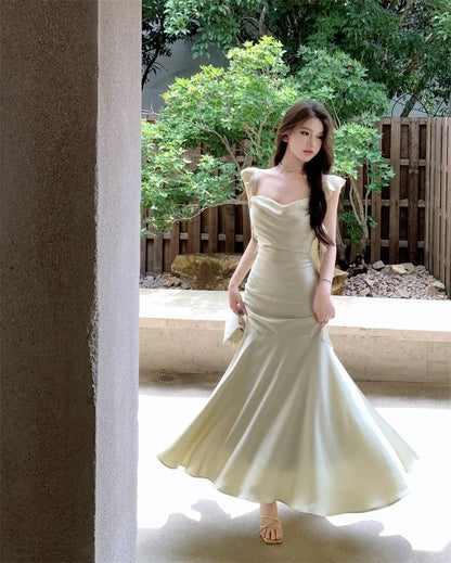 Summer Mermaid Dress Bodycon Spaghetti Strap Midi Maxi Dresses Lady Stain Party Square Neck New Robe