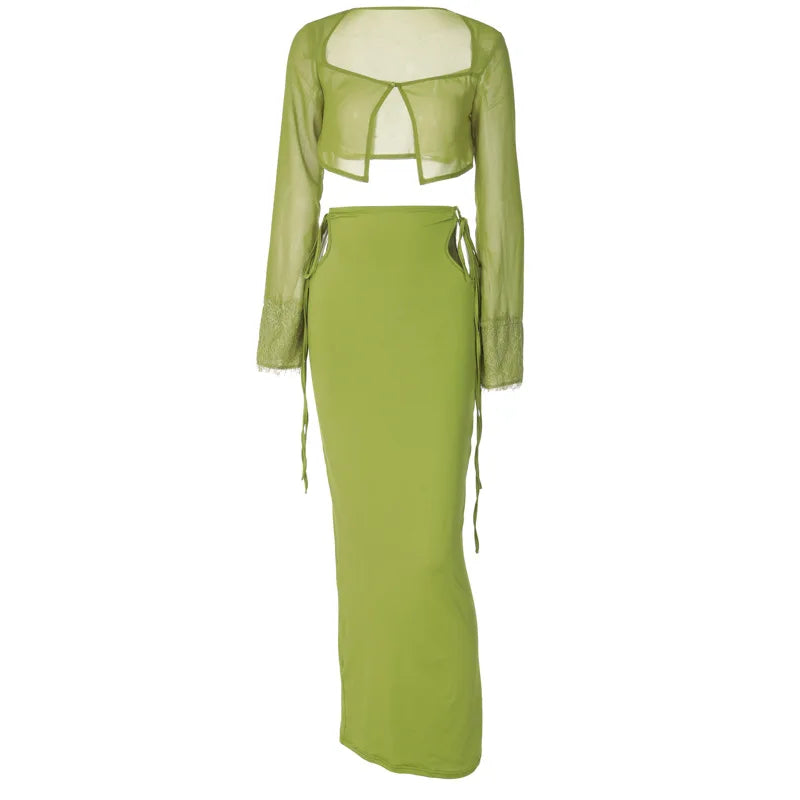New Female Blouse Gradient Color Longsleeved Blouse Hanging Neck Halter Contrast Color Long Skirt Twopiece Suit