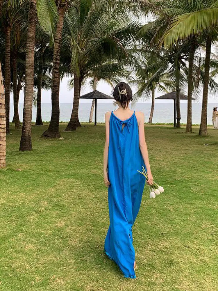 Summer Blue Round Neck Loose Pleated Bandage Long Dress New Club Sleeveless Vacation Dress Simplicity