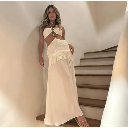 Splicing Sleeveless Halter Long Dress for Cut Out Quilted Sling Vestidos Female Vacation Backless Beach Split Robes