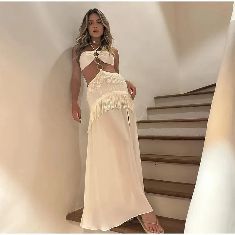 Splicing Sleeveless Halter Long Dress for Cut Out Quilted Sling Vestidos Female Vacation Backless Beach Split Robes