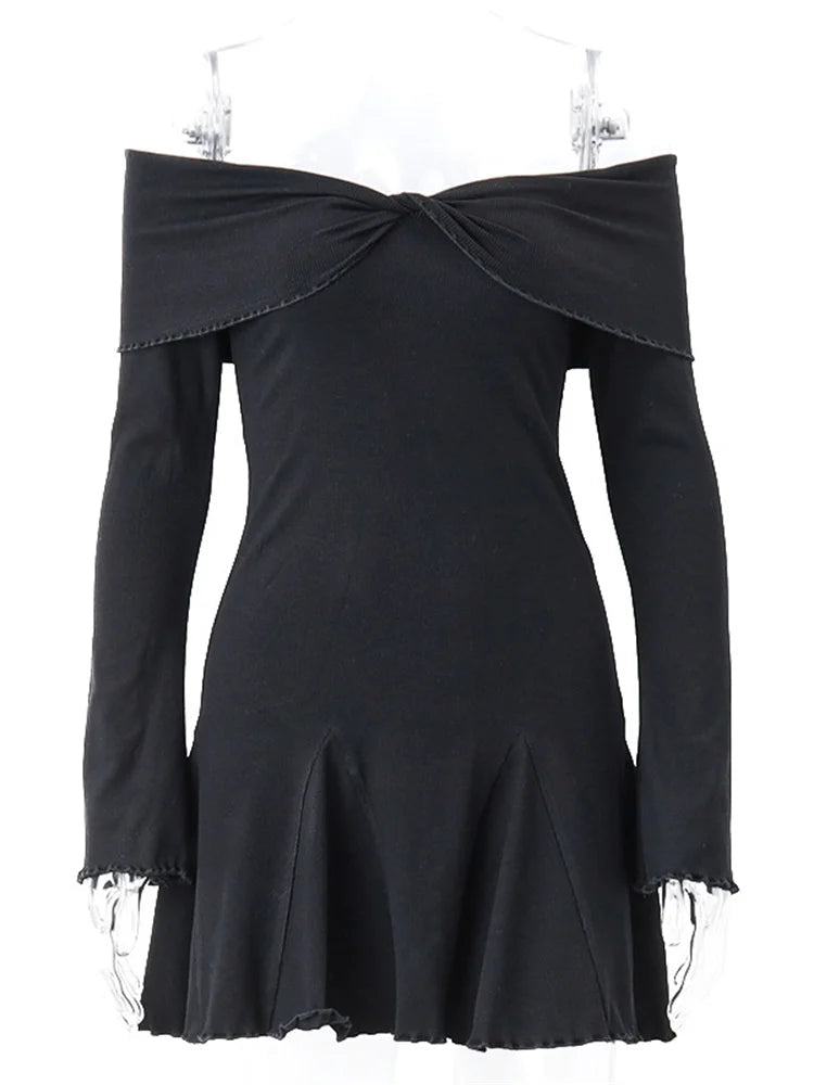 Black Knit Ruffled Mini Dress Patchwork Offshoulder Loose Slim Ribbed Dress Knitwear Clothes Female Dress