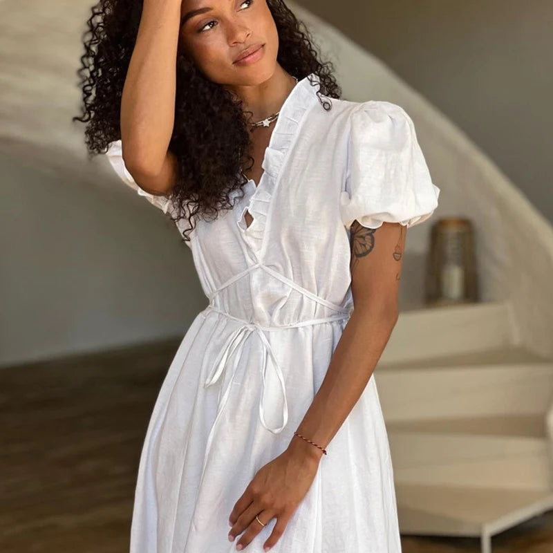 Leisure V-neck Lace Up White Maxi Dress for Color High Waisted Short Sleeves Ruched Patchwork Girdle Dress