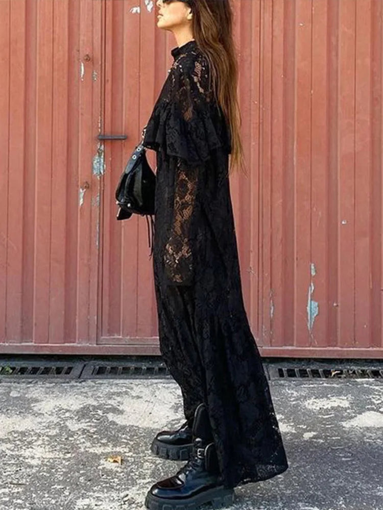 Lace Hollow Out A-lined Long Dresses Loose Perspective O-neck Black Dress Female Party Street
