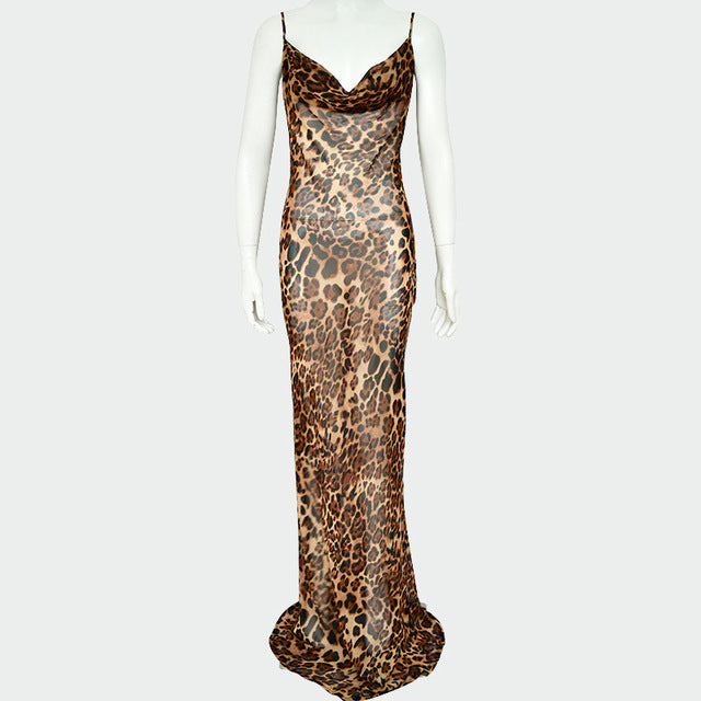New Leopard Print See-through Suspender Dress Backless Sleeveless Long Dresses High Waist Lace-up Evening Dress
