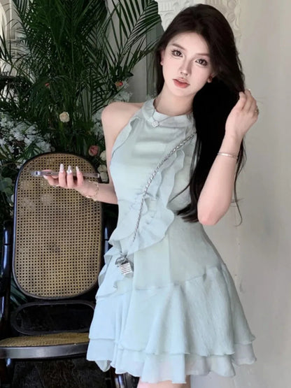 French Mini Dress Ruffles Slim Waist One Piece Clothes Chiffon Summer Outfits New Female Vestidos