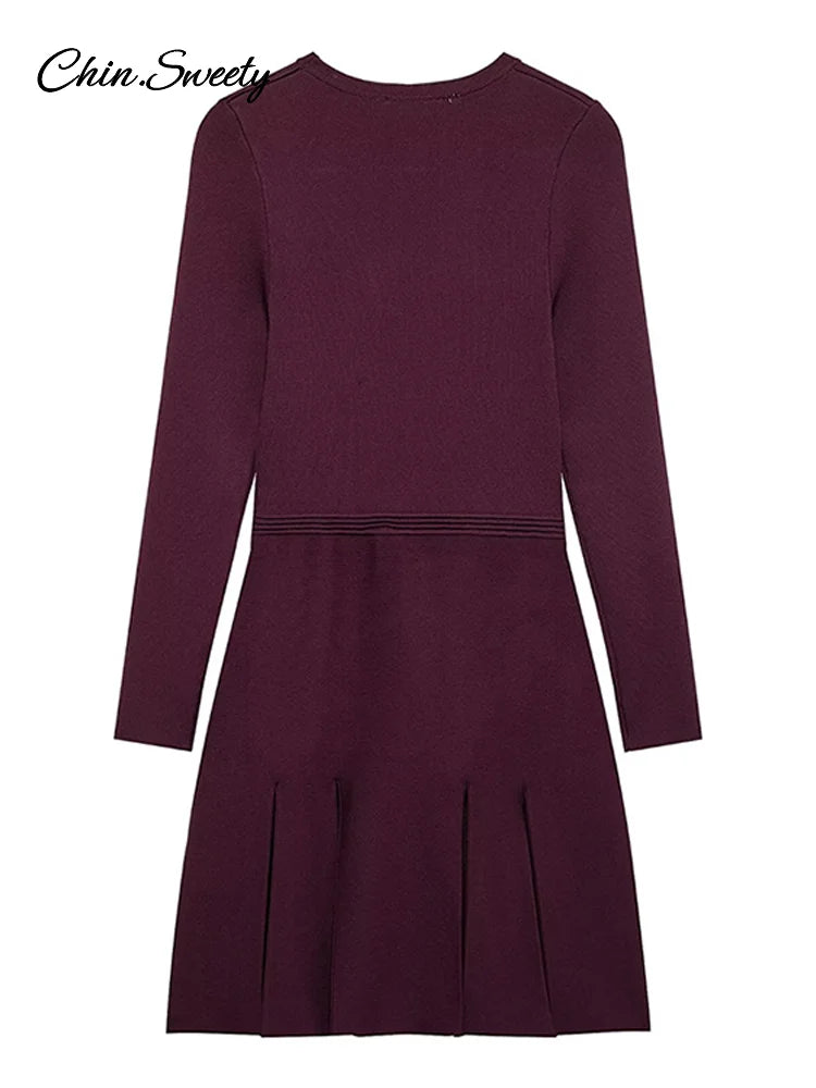 Knit Burgundy Red A-line Mini Dress O-neck Long Sleeves Pleat Party Dresses Female Spring New Pockets Button Vestidos
