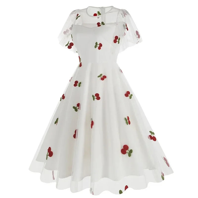 New Retro Pink Strawberry Mesh Birthday Long Dress 50s Flare Sleeve Summer Prom Evening Party Dresses