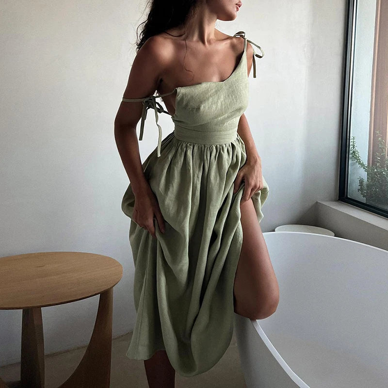 New Summer Spaghetti Strap Beach Dress Vneck Hollow Pleats Long Dress Backless Pocket Holiday Dresses