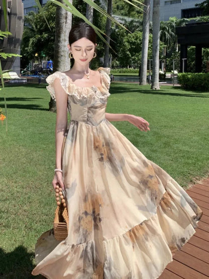Prints Midi Dresses for French Clothing Holiday Beach Party Summer New