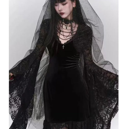 Gothic Black Midi Dresses V-neck Irregular Flrae Sleeve Y2k Lace Bandage Dark Style Harajuku Clothing New