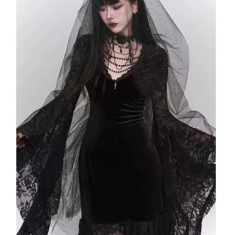 Gothic Black Midi Dresses V-neck Irregular Flrae Sleeve Y2k Lace Bandage Dark Style Harajuku Clothing New