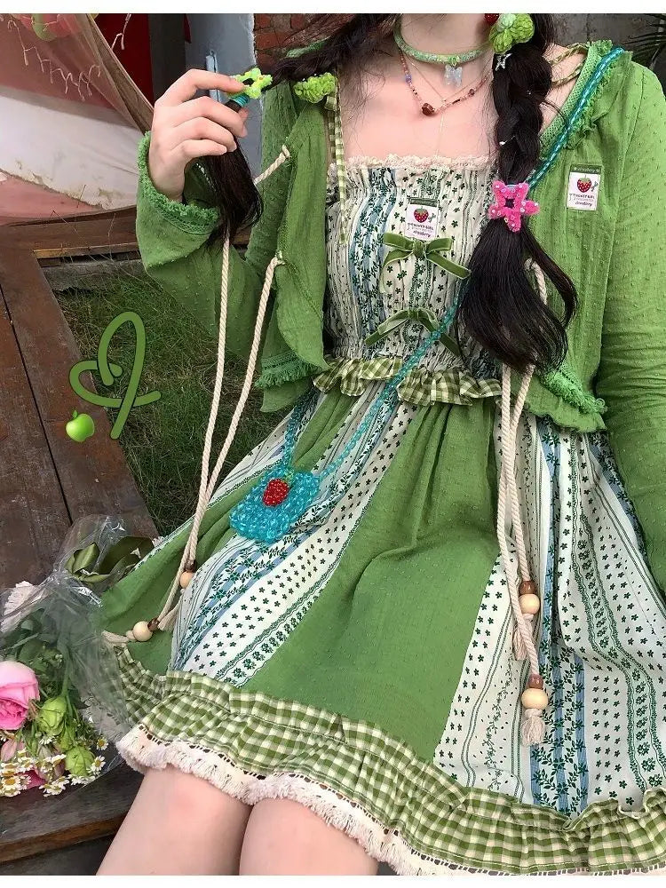 Japan Kawaii Dress Strawberry Stitching Suspender Skirt Laceup Cardigan Japanese Style Sweet