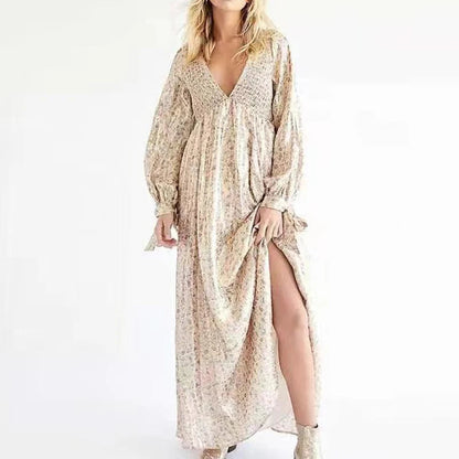 Laceup Backless Long Dress Spring Vneck High Waist Loose Maxi Dress Autumn Long Sleeve Print Party Dress Mujer