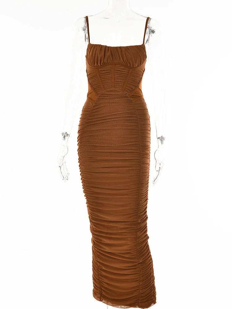 Mozision Corset Ruched Maxi Dress Spaghetti Strap Sleeveless Backless Zipper Long Dress Vestido