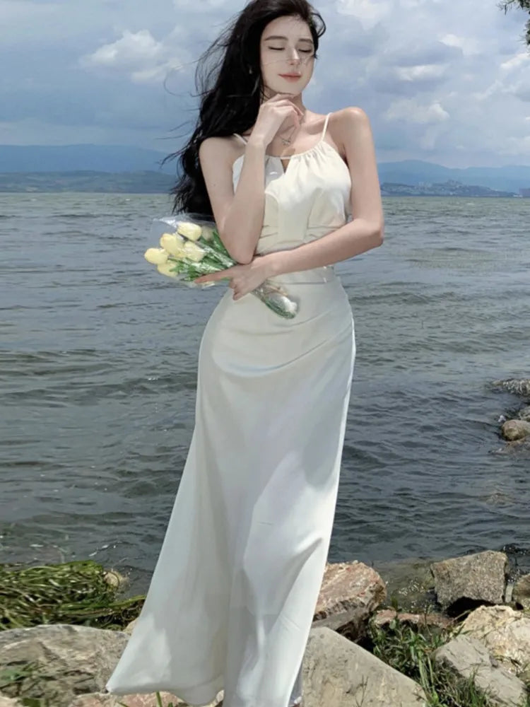 Spring Beige Long Dress New Spaghetti Strap Dresses Female Evening Party Prom Robe Summer Satin Gown Mujer