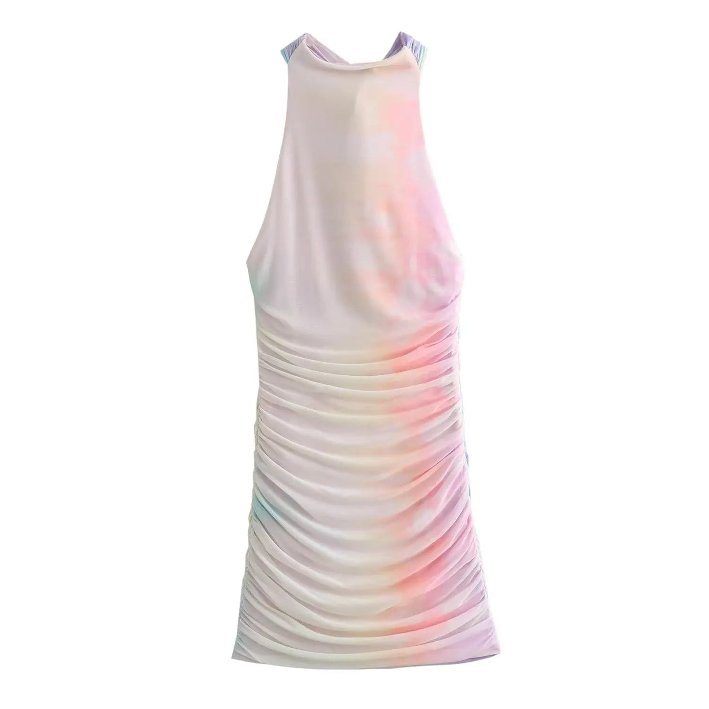 Woman Summer Tulle Gradient Halter Mini Dress Ruched Backless Slim Dresses Female Sleeveless Short Dress