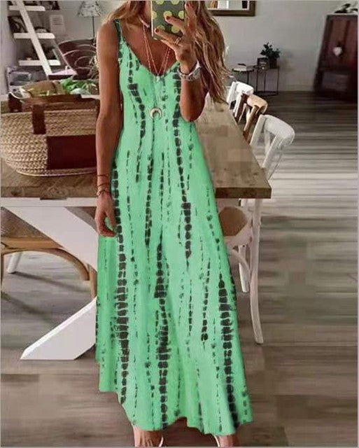 Printed Maxi Spaghetti Strap Dresses for V-neck Backless A-line Long Dress Style Beach Vestidos