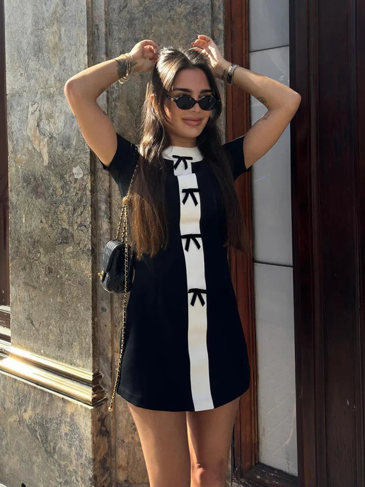 Summer Dresses Woman White Black Oneck Short Sleeves Bow Decorate Zipper Female Mini Dress