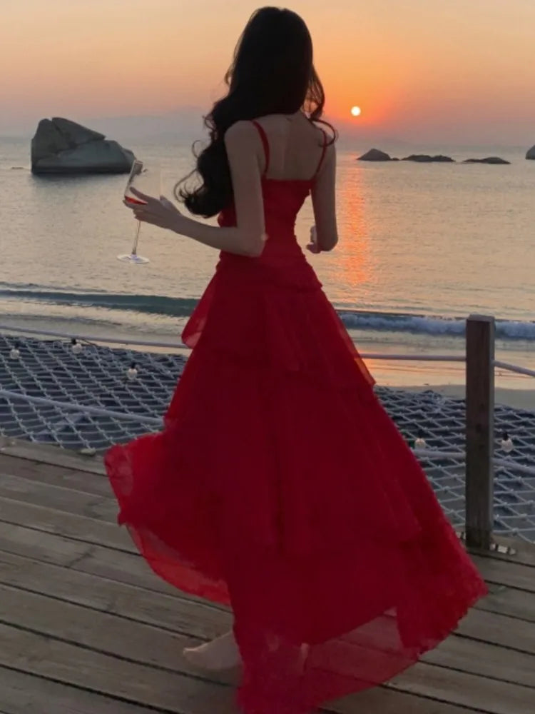Summer Red Dresses Spaghetti Strap Sleeveless Ruffles Birthday Party Long Dress Holiday Prom Aline Vestidos New
