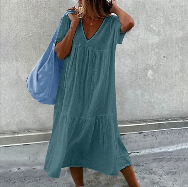 Color Cotton Linen Midi Dresses V-neck Short Sleeves Loose Dress Simple Style Lady Commuting Vestidos