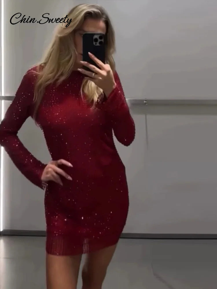 Sequins Backless Red Christmas Mini Dress Shiny O-neck Long Sleeve Dresses Female New Lady Slim Party Club Gowns