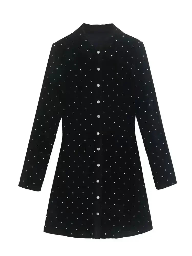 Dot Velvet Mini Dress Turn Down Collar Single Breasted Long Sleeve Skirt Autumn Female Dresses