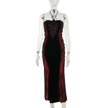 Dark Gothic Strapless Off Shoudler Dress for Halloween Costume Cinched Waist Slimming Wrapped Hip Fishtail Maxi Dress