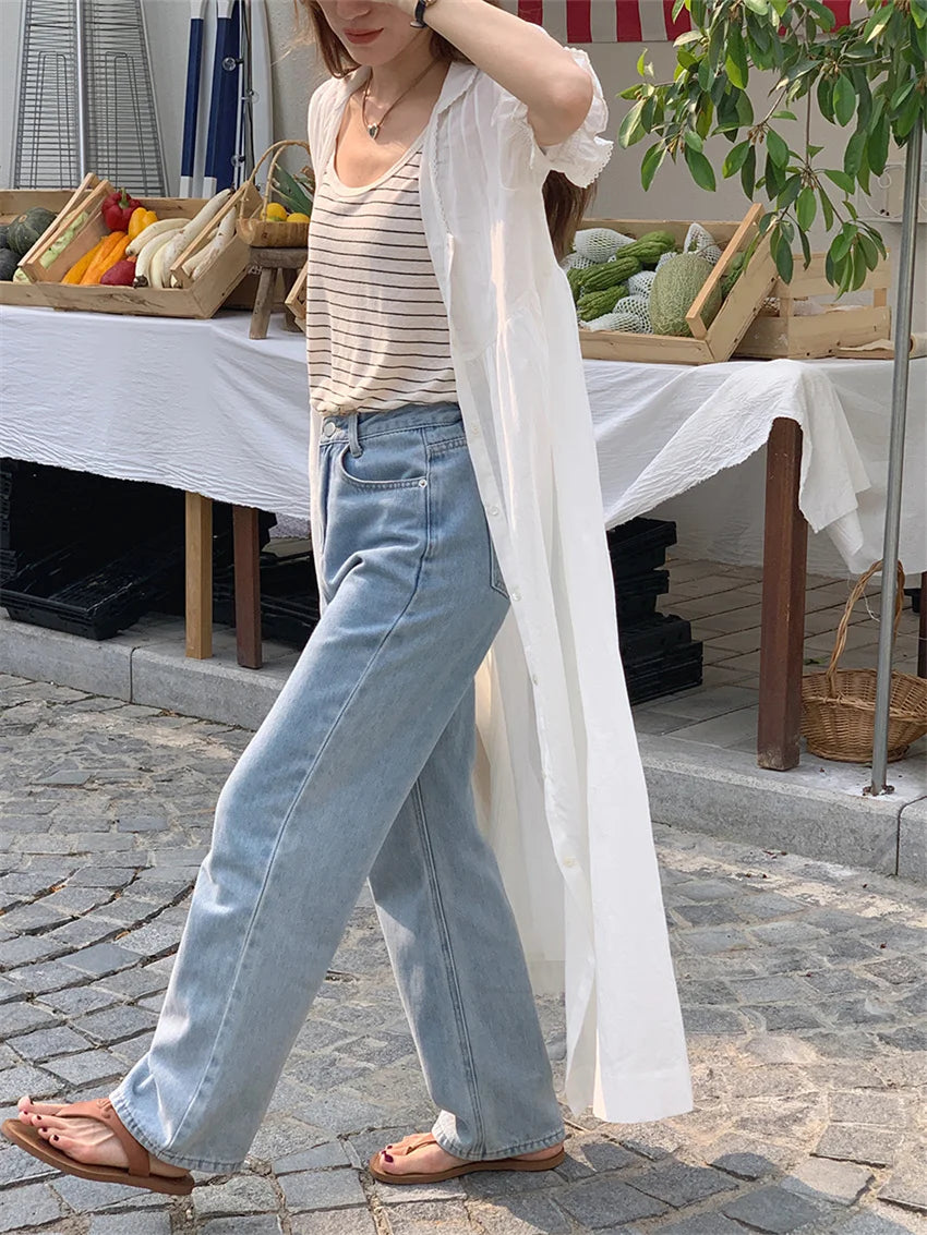 White Summer Slim Long Dress Sweet Short Puff Sleeve Mujer Ol All Match Daily