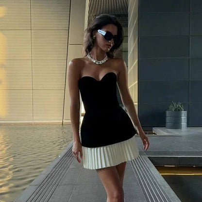 Strapless Velvet Patchwork Pleated Mini Dress Off Shoulder Backless Slim Vestidos New Evening Party Gown