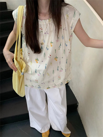 Flowers Sweet Blouses Cotton Printed Vacation Gentle Slim New Office Lady Summer Blusas