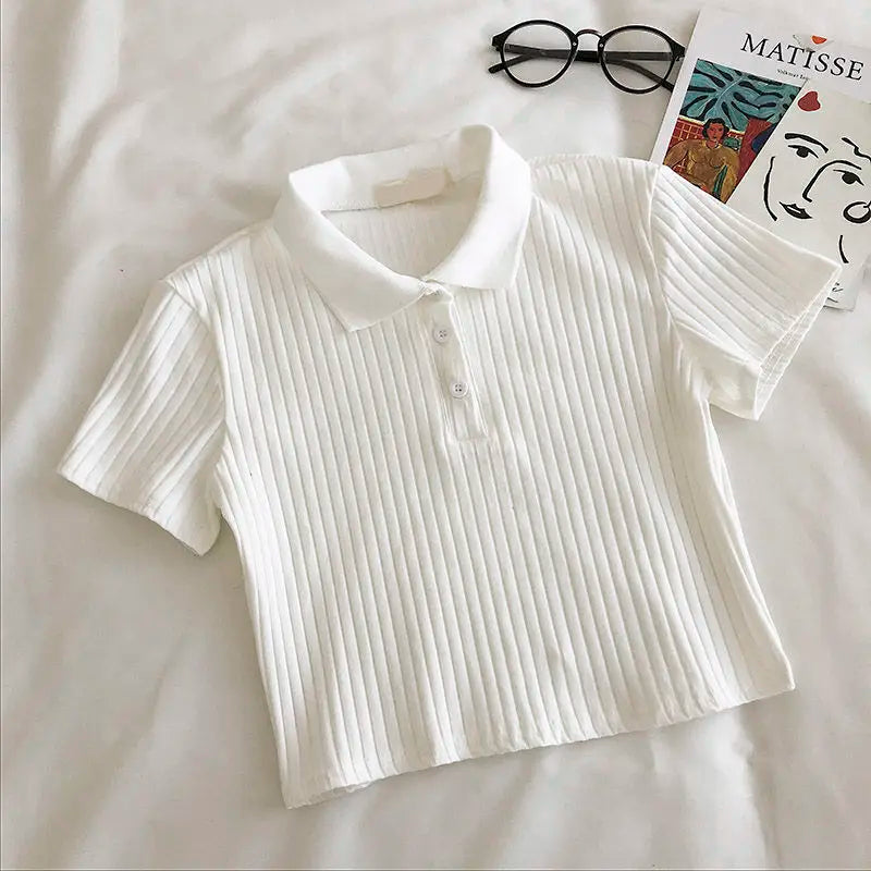 Knit School Polo Neck Cropped Shirt Summer Short Sleeve Youthful Color Crop Top Female Basic Blouse Lady Pullover
